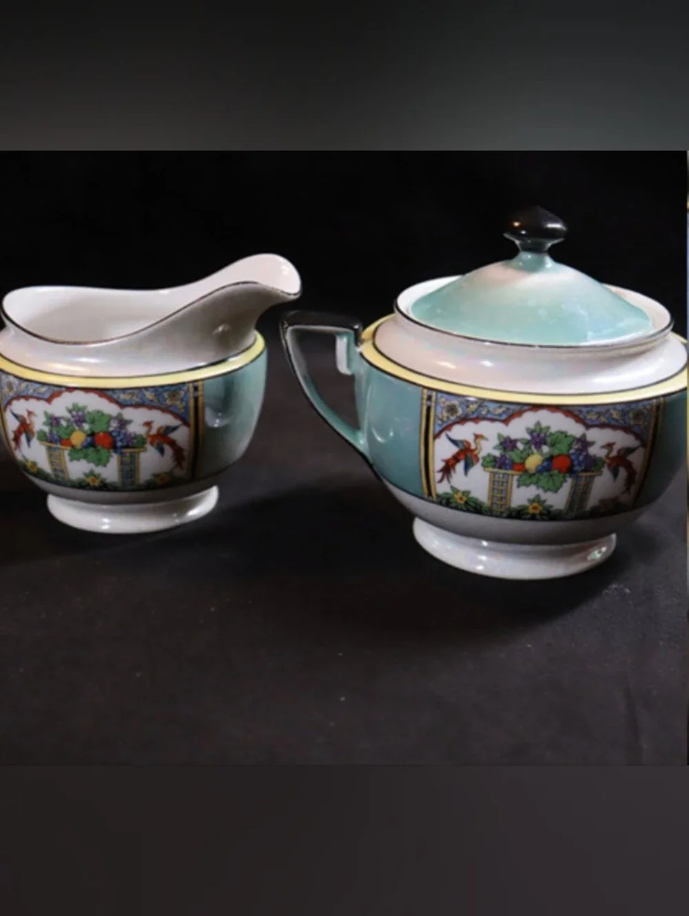 Vintage Noritake Morimura Fruit & Peacock Sugar Bowl with Lid & Creamer Set